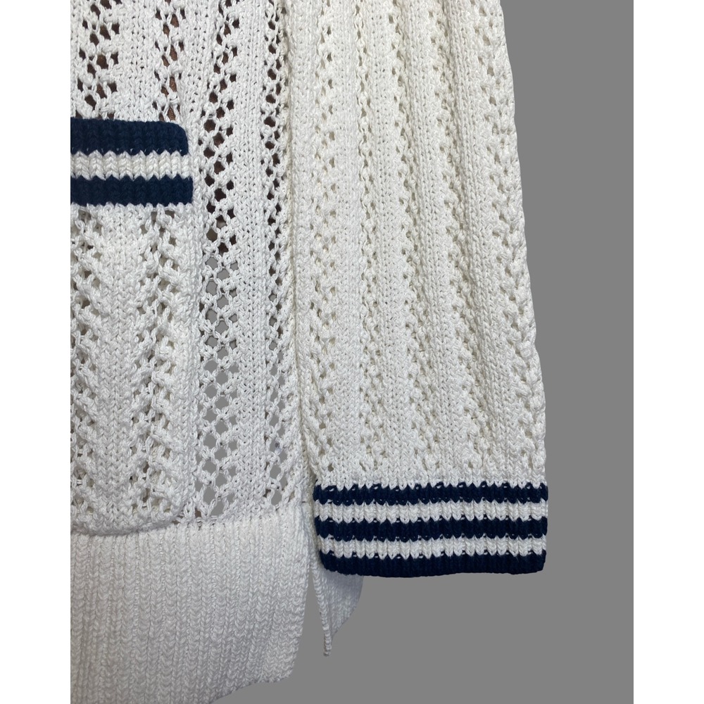 Lou & Grey Womens M White Pointelle Knit Varsity Cardigan Navy Striped V-Neck - Picture 6 of 8